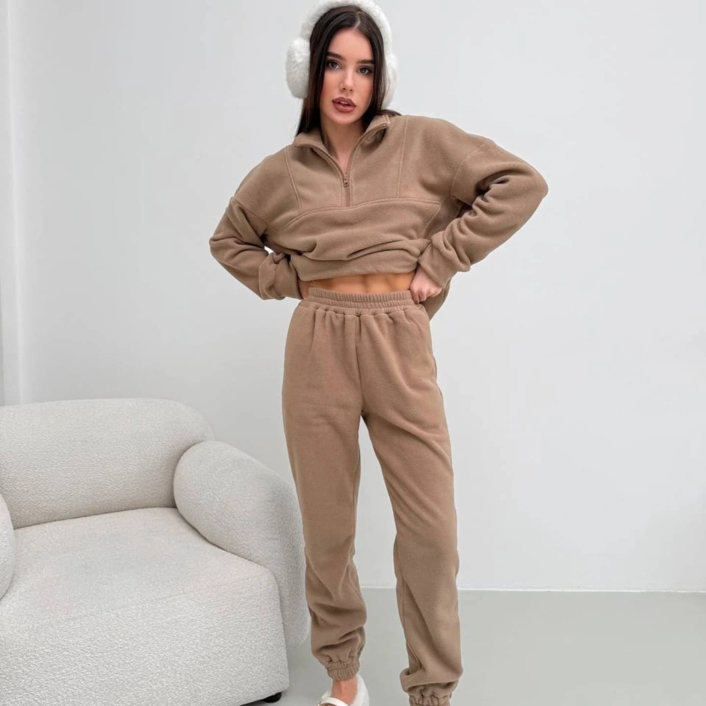 Damen Fleece-Loungewear-Set Hochkragen Elastischer Bund Norvielle