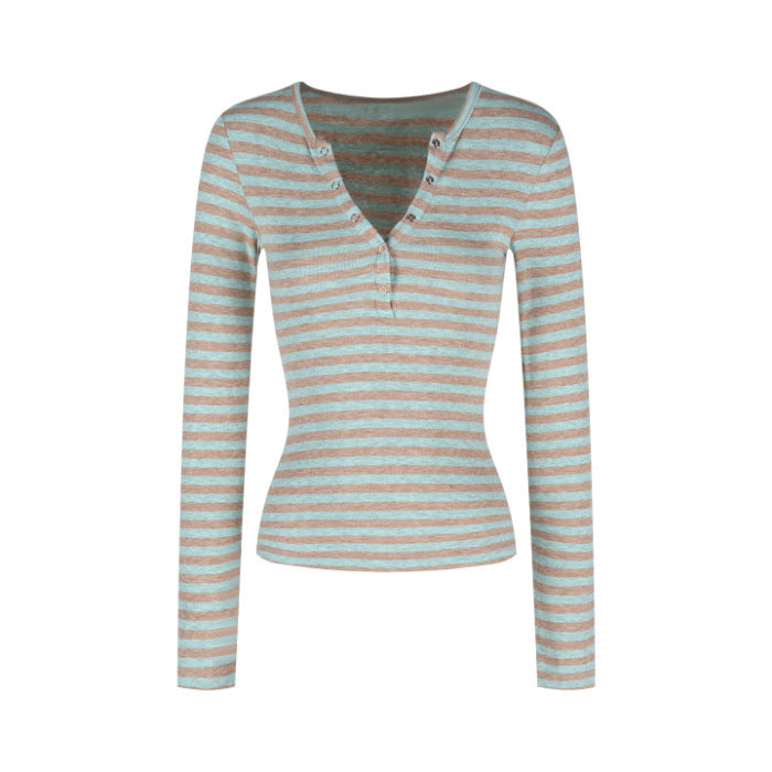 Damen Langarmshirt Streifenmuster Knopfleiste Norvielle