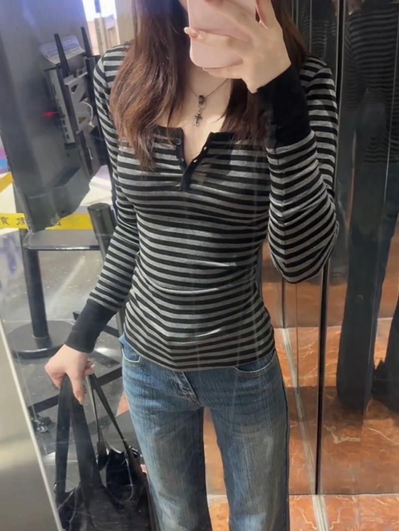 Damen Langarmshirt Streifenmuster Dekorative Knöpfe Norvielle