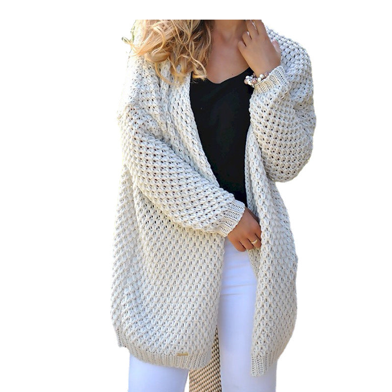 Damen Grobstrickjacke Lochmuster Lang Offener Schnitt Beige