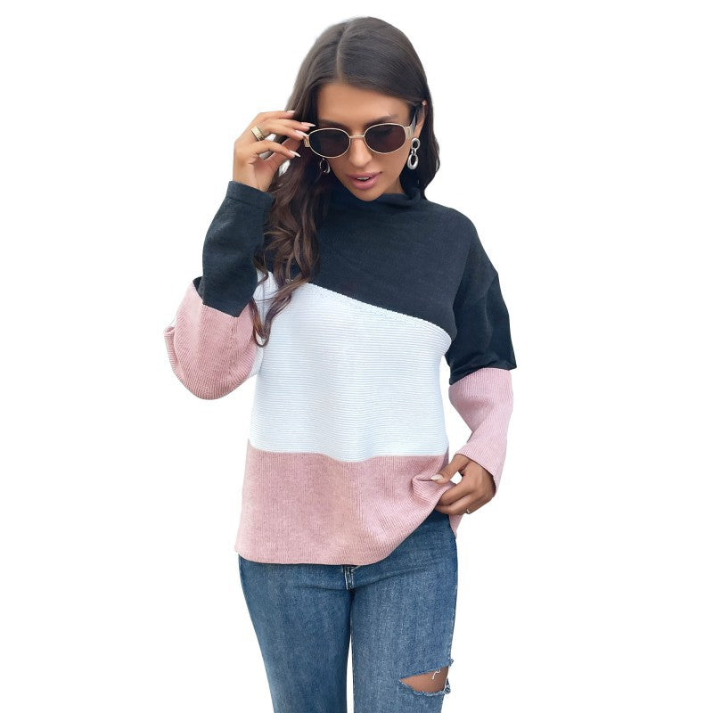 Damen Strickpullover Farbblock-Design Hochkragen