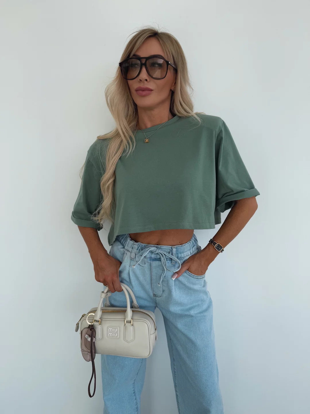 Damen T-Shirt Cropped Baumwolle Weite Ärmel Beige