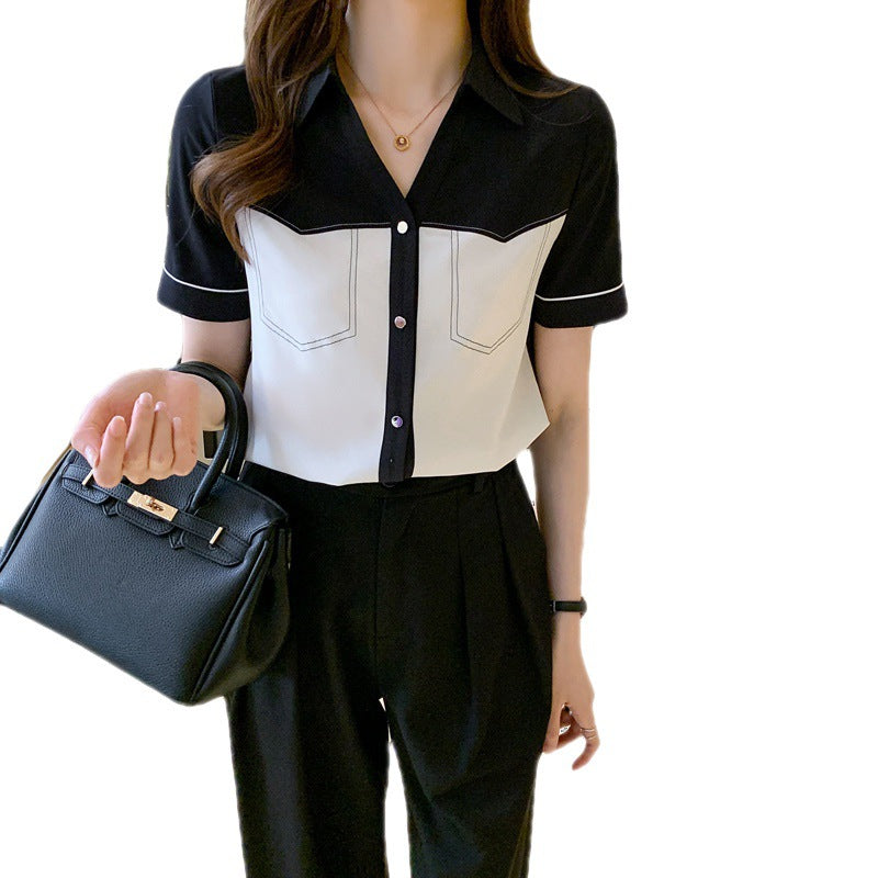 Damen Bluse Kurzarm Kontrasttaschen Modern