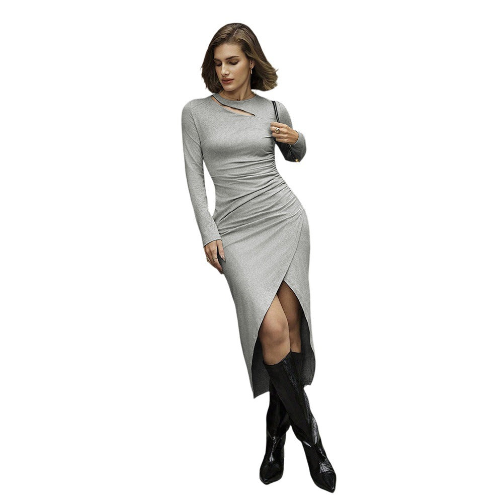 Damen Midi-Kleid Asymmetrischer Ausschnitt Seitlicher Schlitz