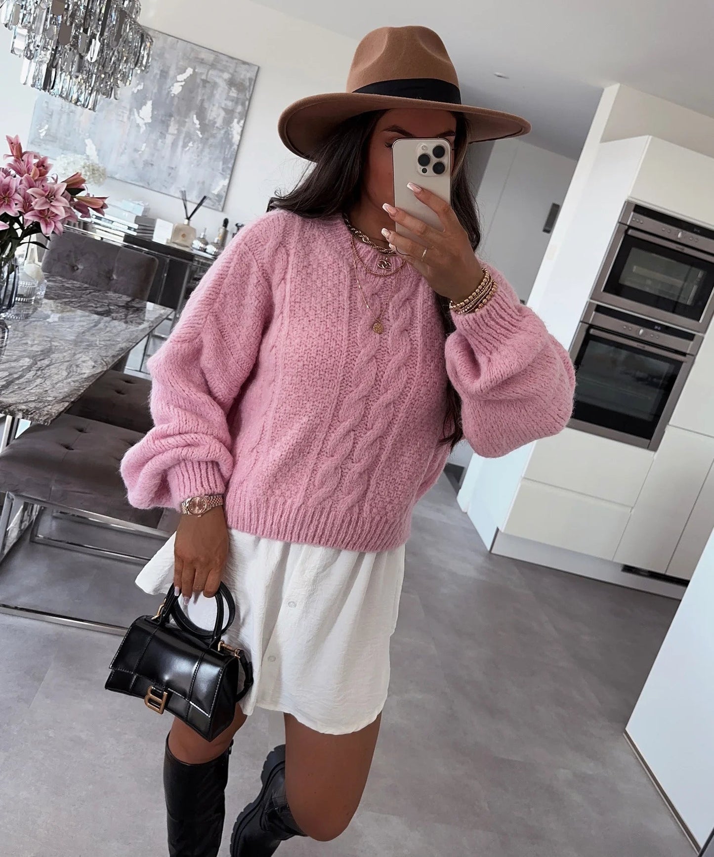 Damen Pullover Grobstrick Voluminöse Ärmel Zopfmuster Beige