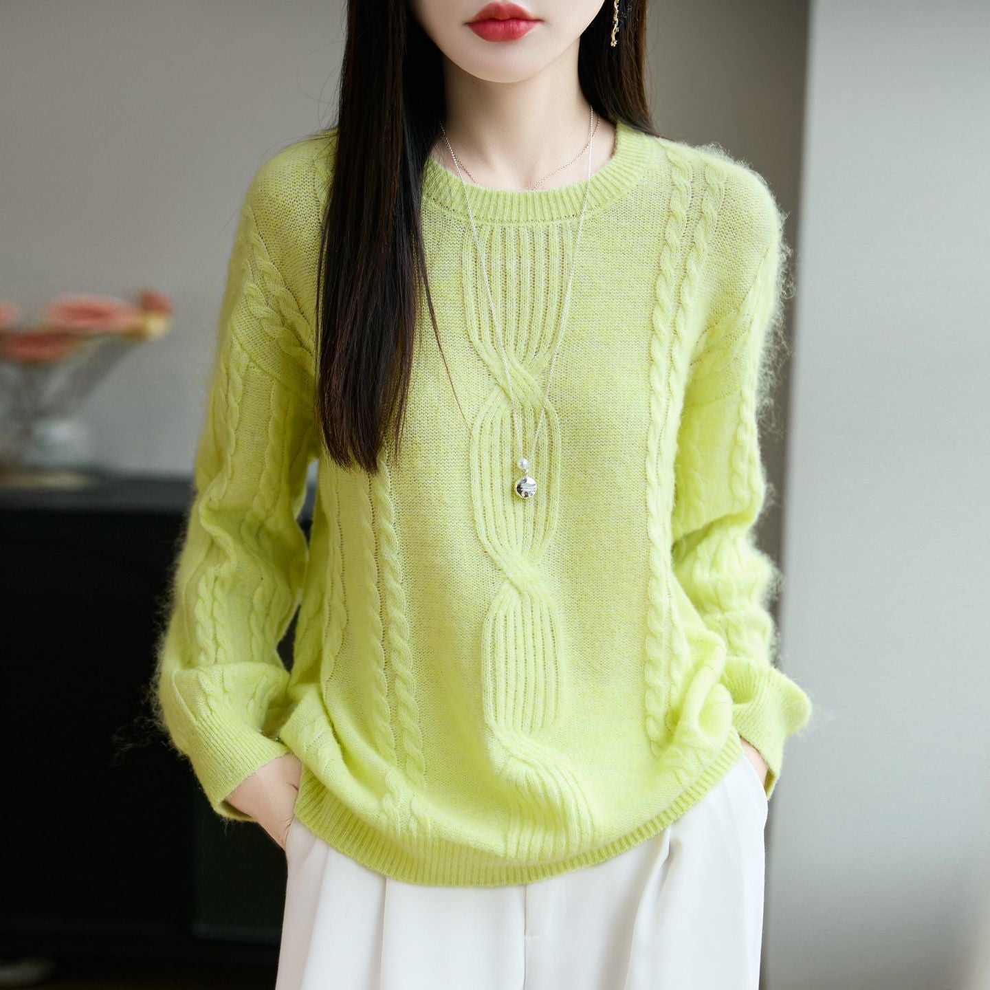 Damen Strickpullover Rundhals Zopfmuster Norvielle