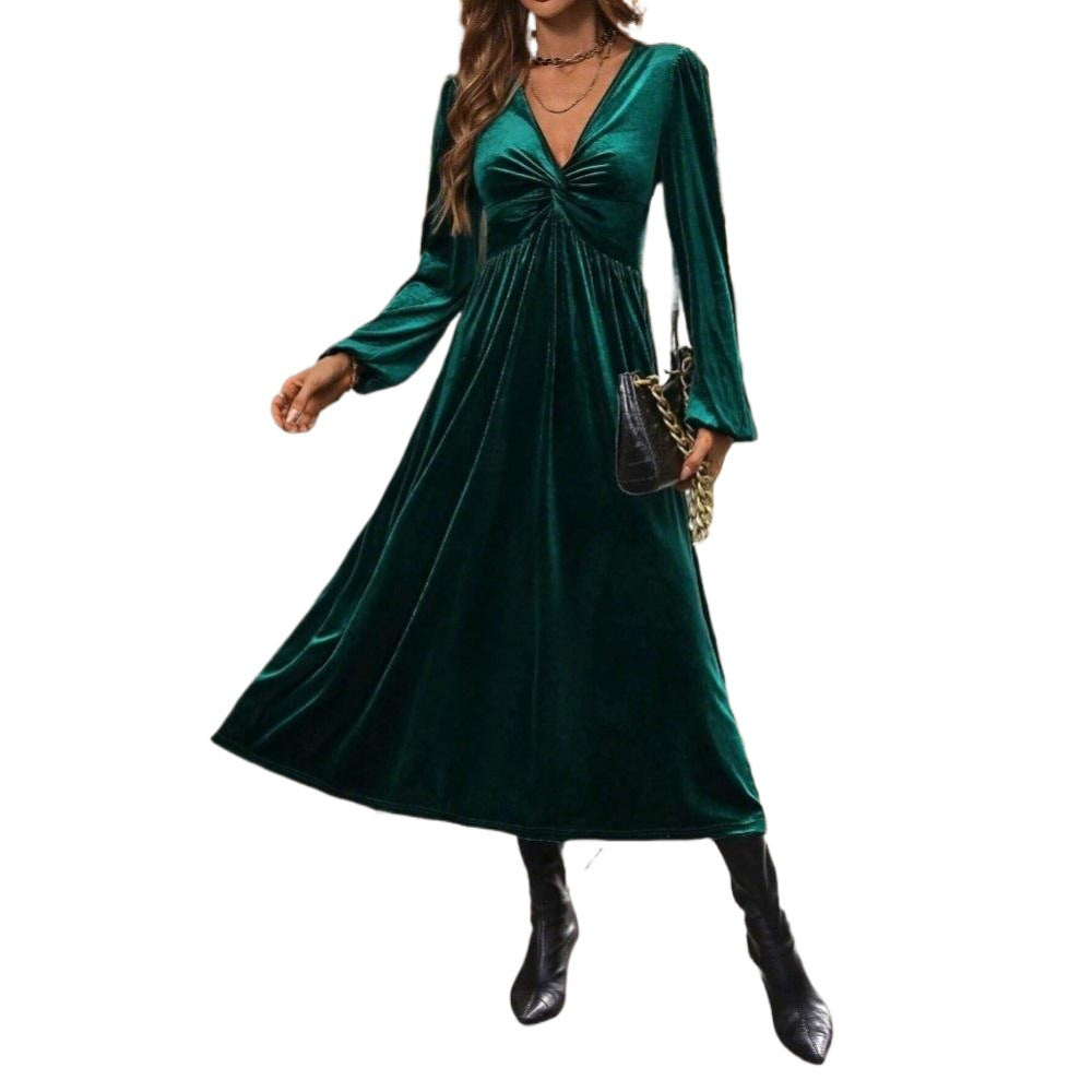 Damen Samt-Kleid Midi Wickeldesign V-Ausschnitt Norvielle