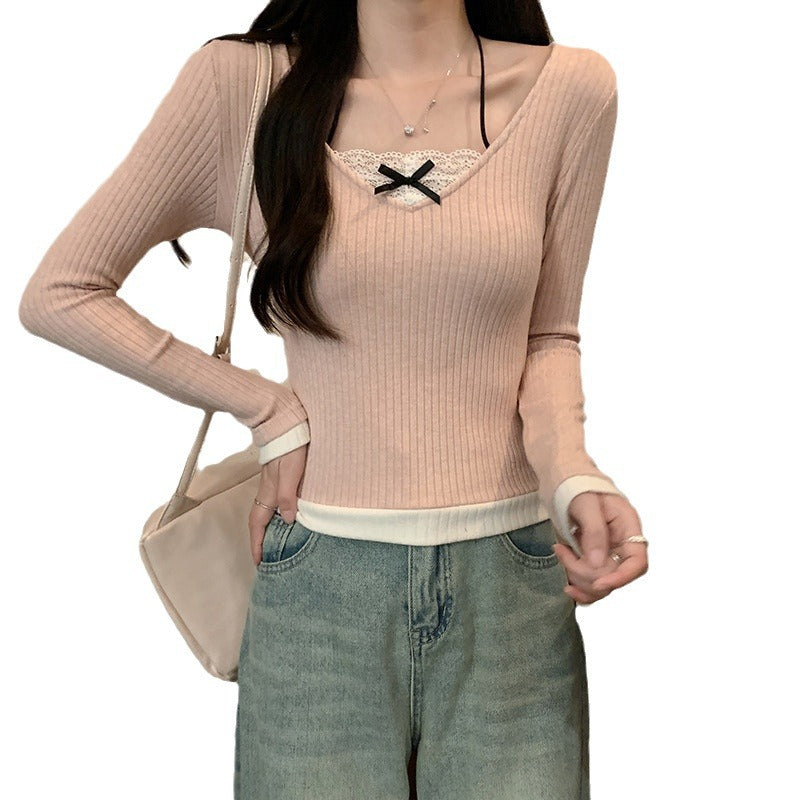 Damen Langarmshirt V-Ausschnitt Spitze Weiß