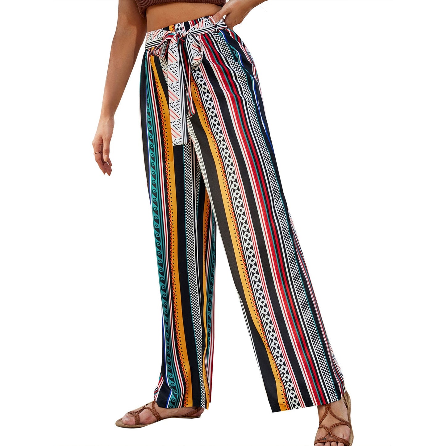 Damen Sommerhose Weit Leicht Auffälliges Muster Beige