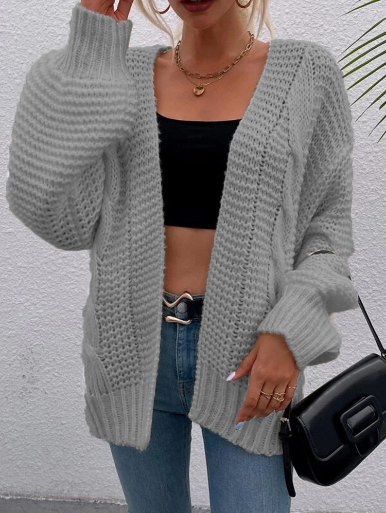 Damen Grobstrick-Cardigan Offene Taschen Lässiger Schnitt Beige