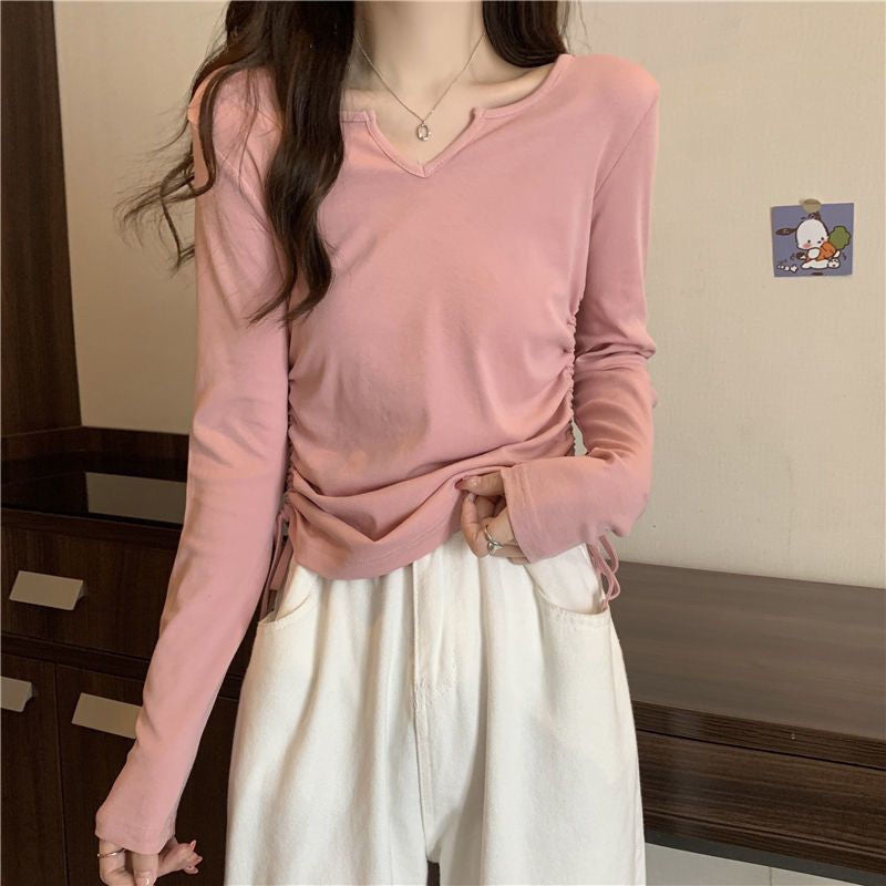 Damen Langarmshirt V-Ausschnitt Raffung Norvielle