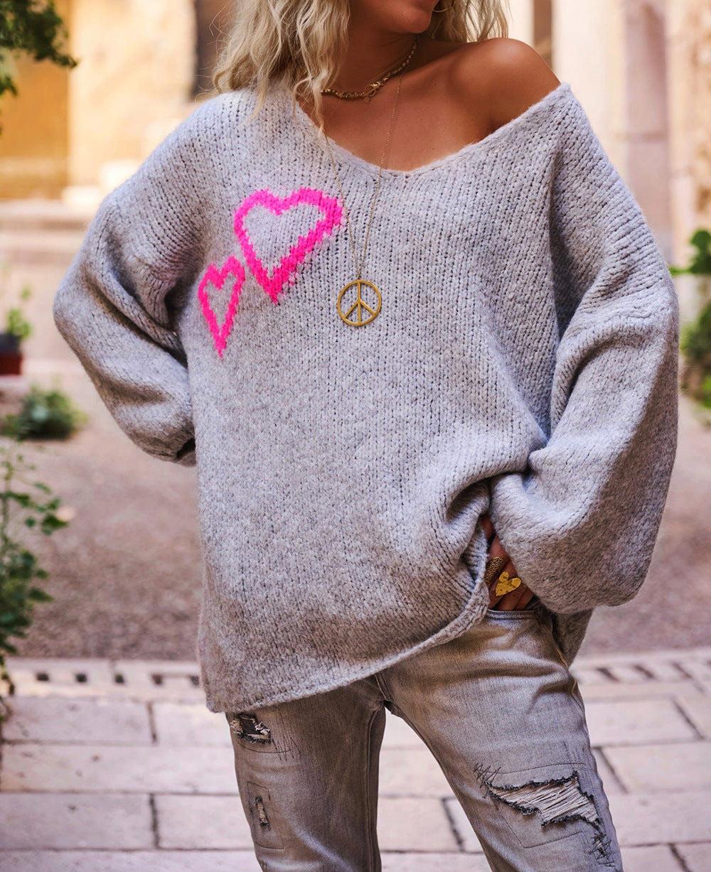 Damen Strickpullover Oversize mit Herzapplikationen Norvielle