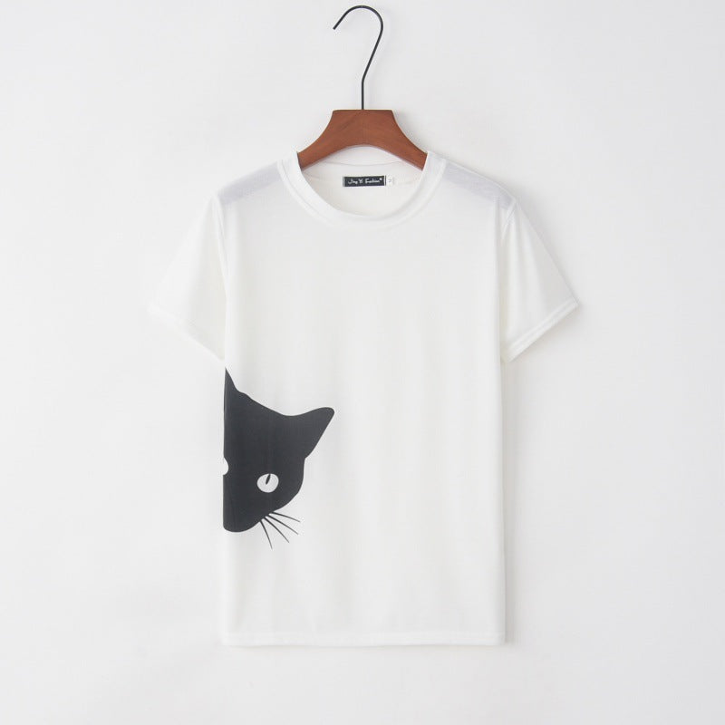 Damen T-Shirt Katzenmotiv Locker Passform Weiß
