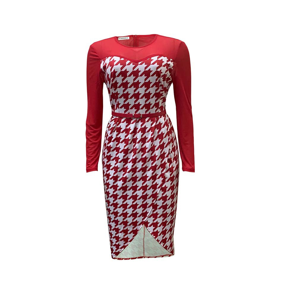 Damen Kleid Langarm Hahnentritt-Design