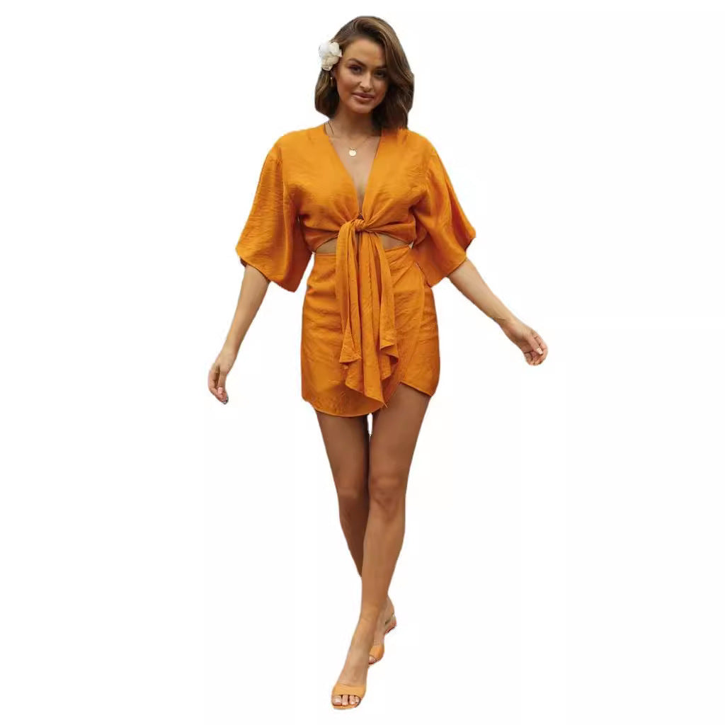 Damen Kurzarm-Kleid mit Knoten-Design und fließendem Stoff Norvielle