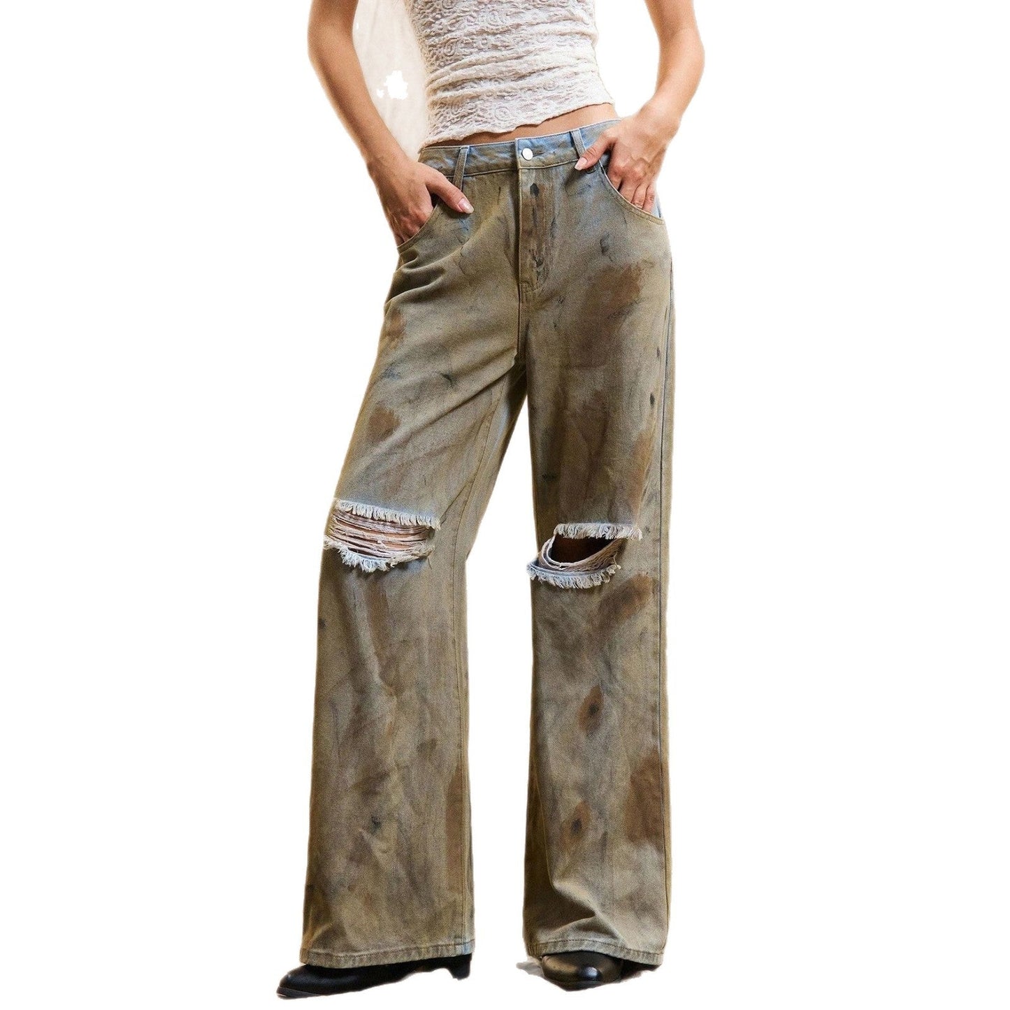 Damen Weite Jeanshose Distressed Details