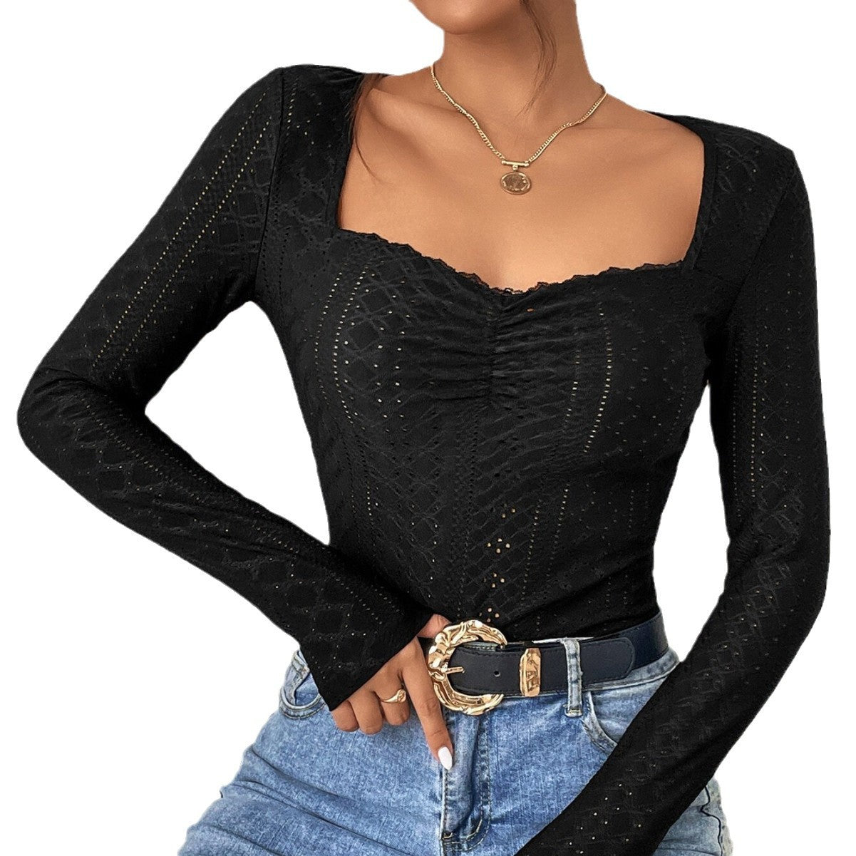 Damen Langarm Bodysuit Quadratischer Ausschnitt Rüschen Norvielle