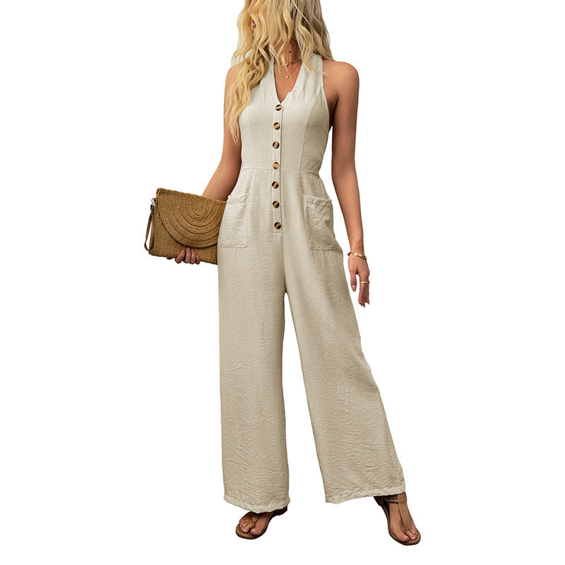 Damen Jumpsuit Weit Knopfdetails Eingrifftaschen Norvielle