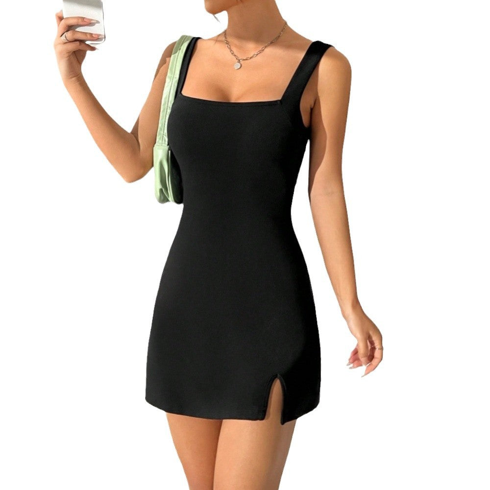 Damen Minikleid Quadrat-Ausschnitt Seitenschlitz Norvielle