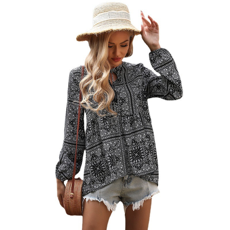 Damen Bluse V-Ausschnitt Verspielt Muster Norvielle