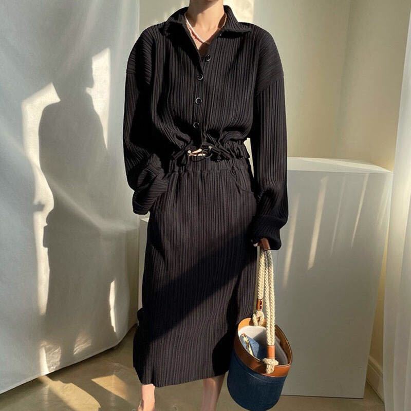 Damen Langarmhemdkleid Tailliert Elegant Strukturstoff Norvielle