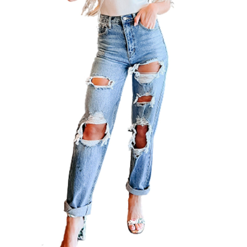 Damen Hochgeschnittene Destroyed Boyfriend Jeans