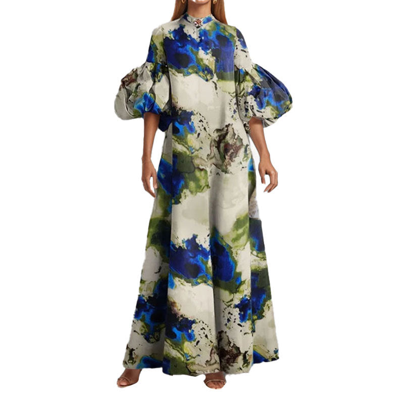 Damen Maxikleid Voluminöse Puffärmel Bunt