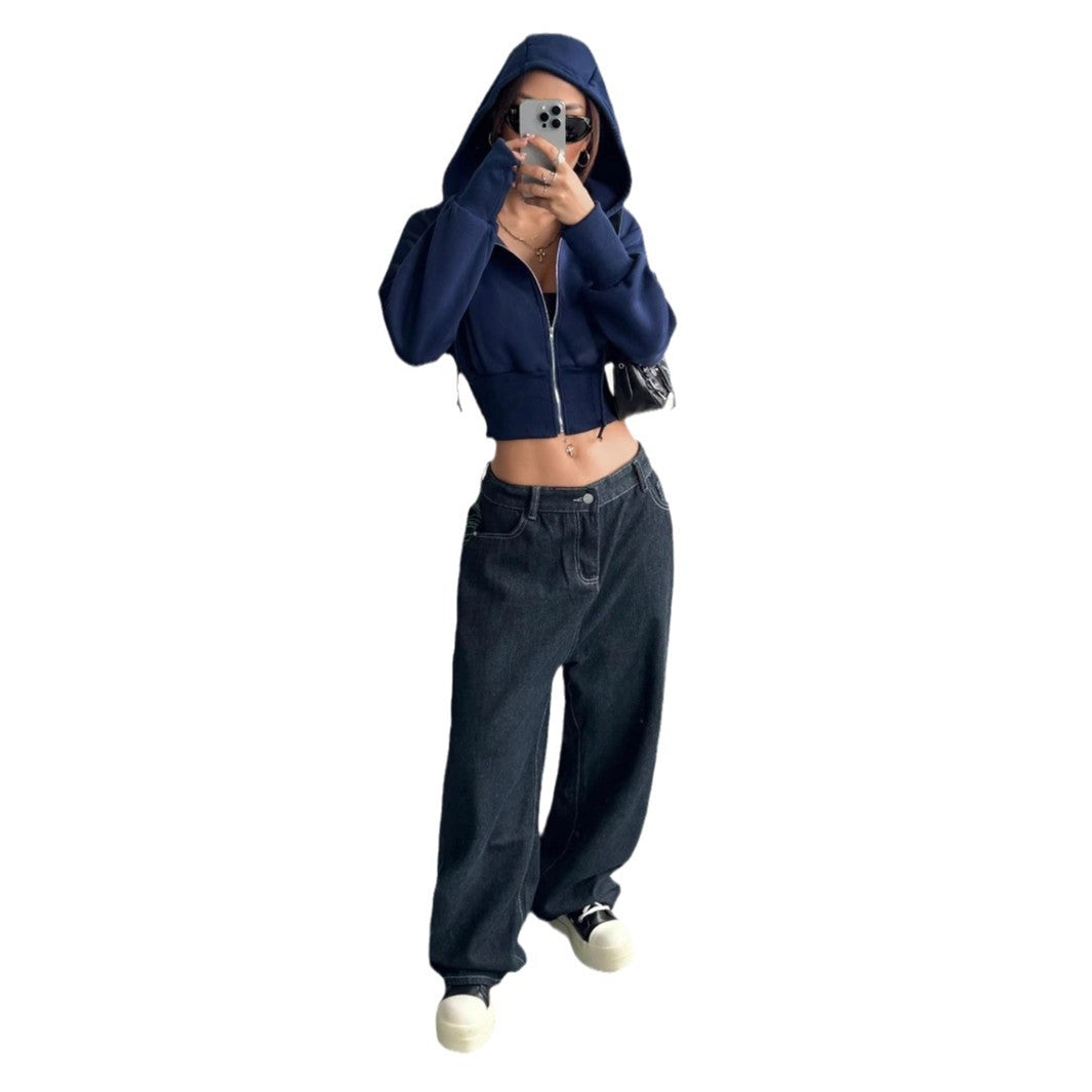 Damen Cropped Kapuzenpullover Reißverschluss Breite Ärmel Norvielle