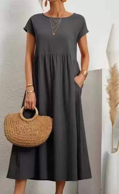 Damen Midi-Kleid Ballonärmel Praktische Taschen Norvielle