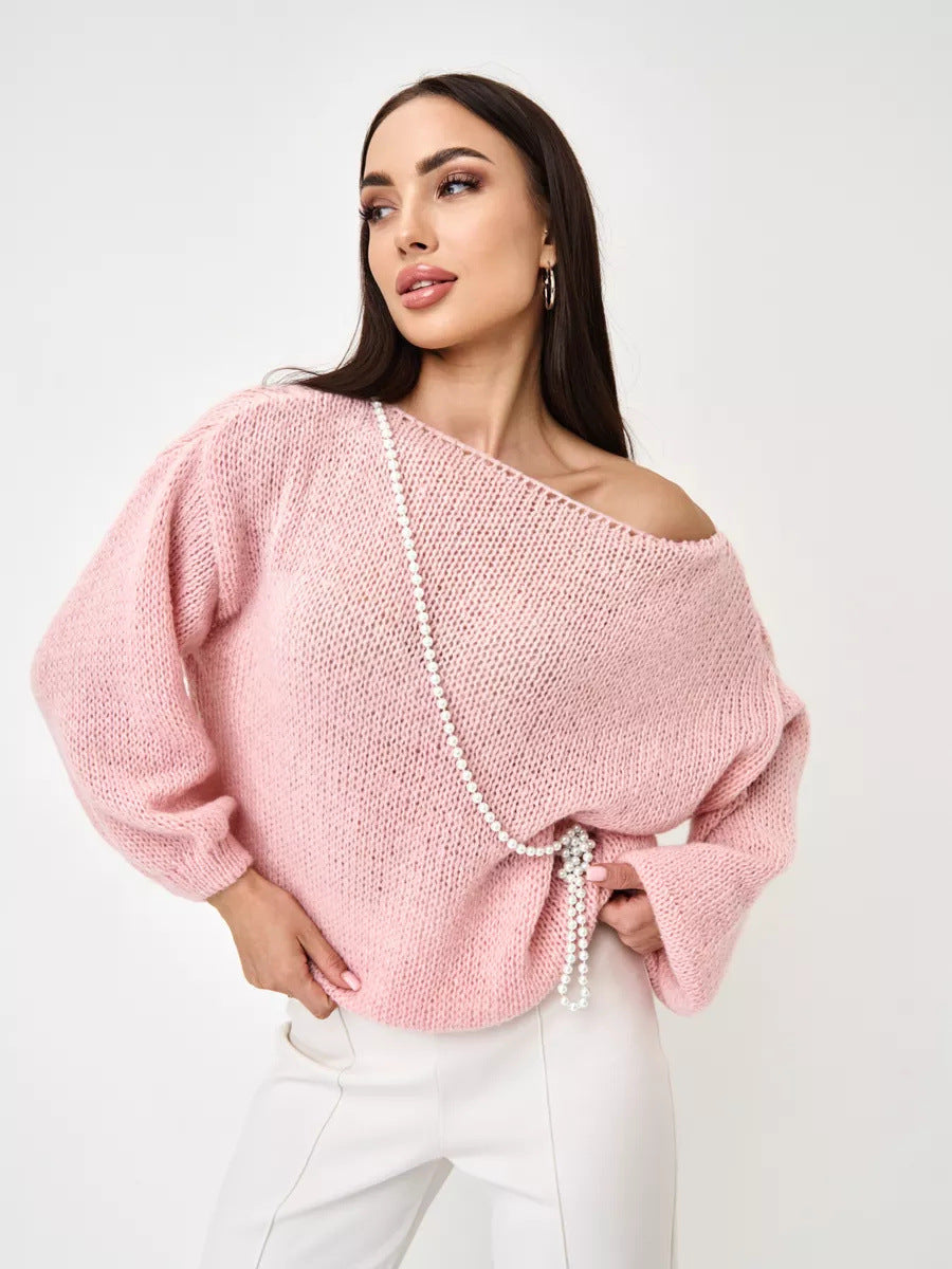Damen Strickpullover Oversized Ärmel Luftige Maschenstruktur Beige