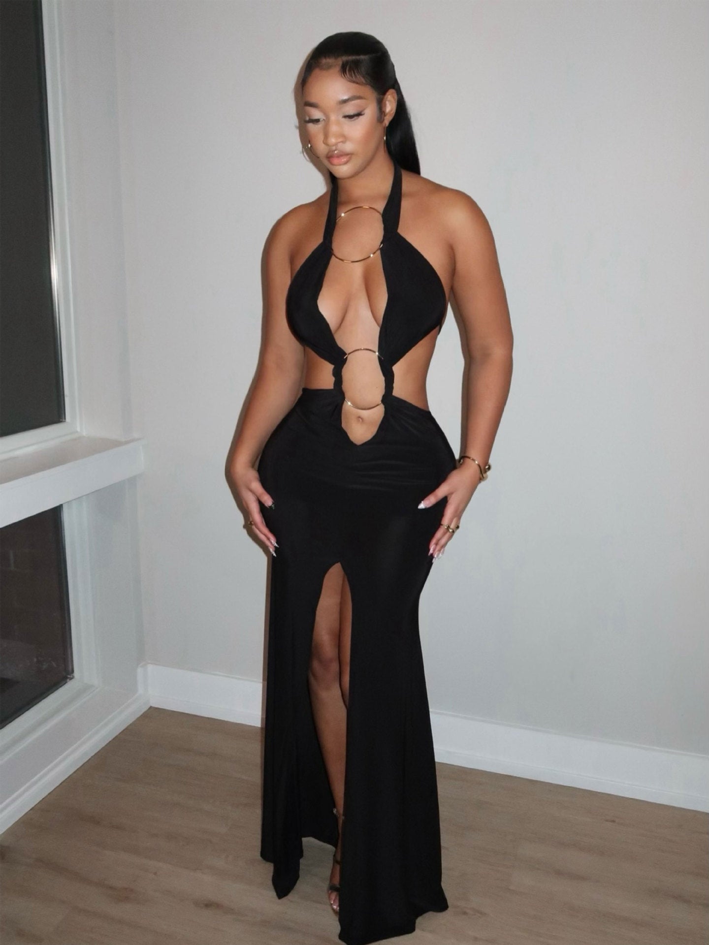 Damen Maxikleid V-Ausschnitt Raffungselemente Norvielle
