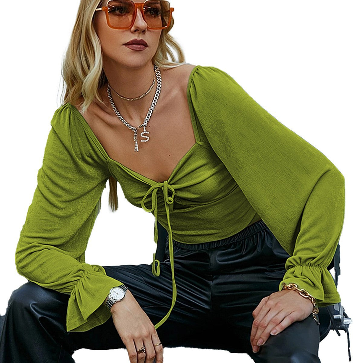 Damen Langarmshirt Raffinierte Rüschen Detail Knoten Norvielle