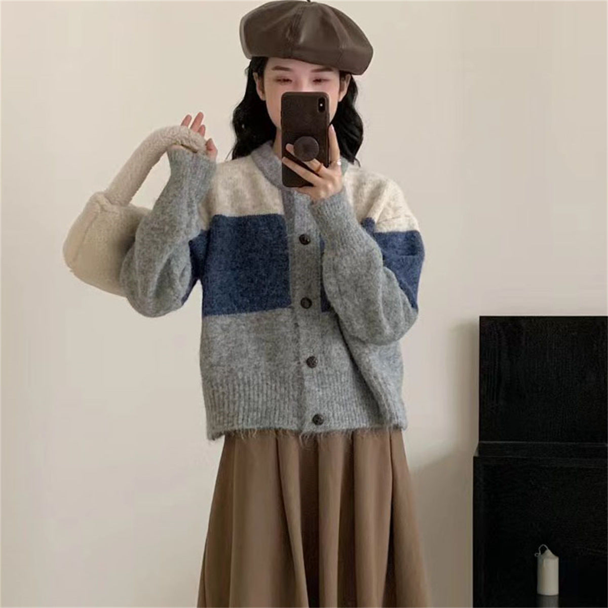 Damen Grobstrickjacke Knöpfe Farbblockdesign