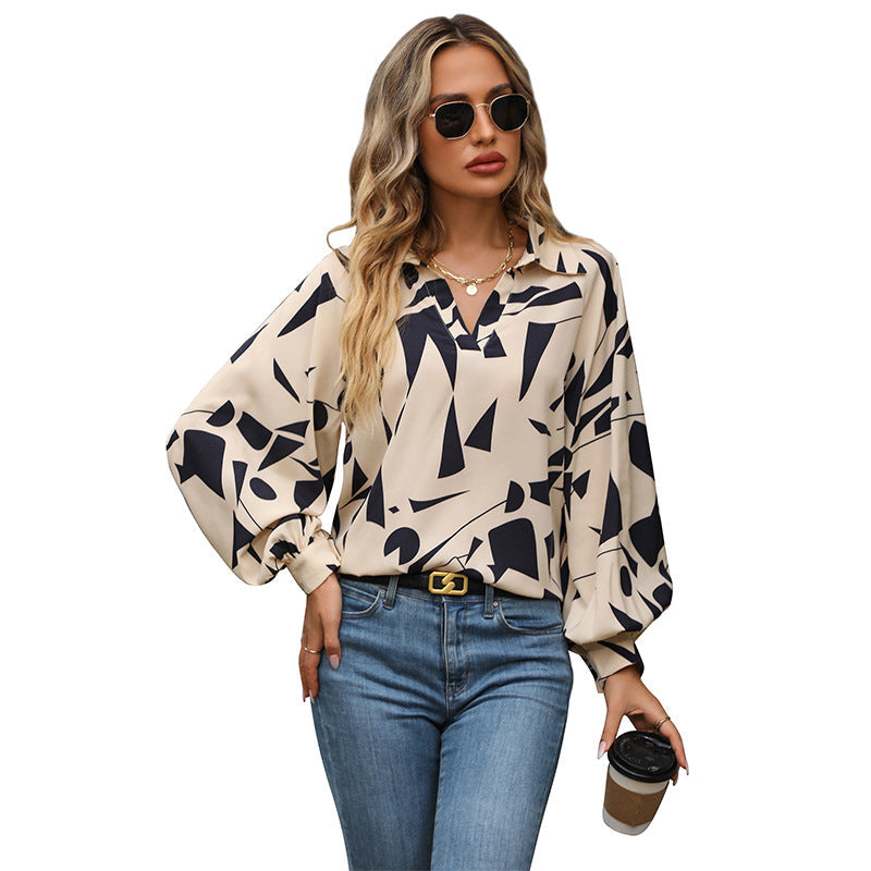 Damen Bluse Geometrisches Muster Voluminöse Ärmel Norvielle
