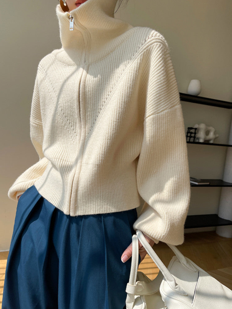 Damen Grobstrick Pullover Übergroß V-Ausschnitt Beige