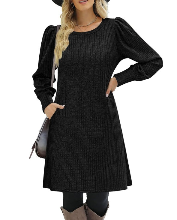 Damen Pulloverkleid Rippstrick Puffärmel Norvielle