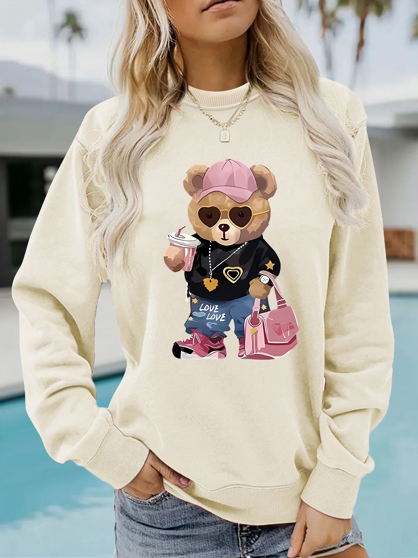 Damen Sweatshirt Cartoon Bär Motiv Weiß