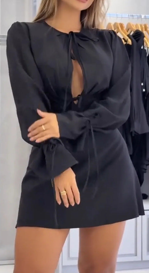 Damen Minikleid Raffiniertes Kordelzug Puffärmel Norvielle