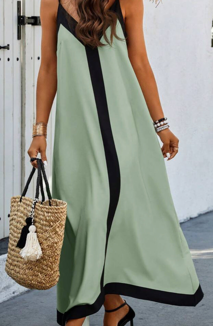 Damen Maxi-Kleid V-Ausschnitt Fließend Kontrastdetails