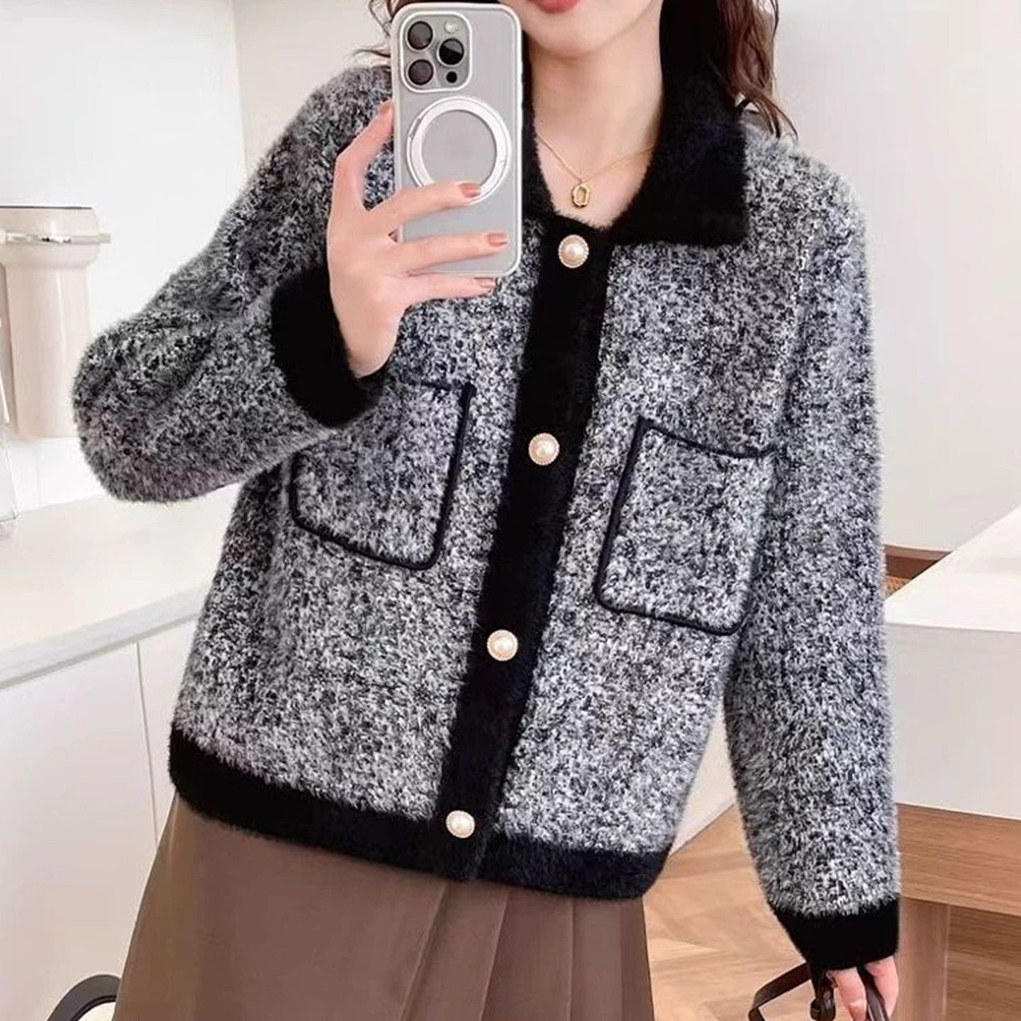 Damen Jacke Kuschelig Kontrasttaschen Norvielle