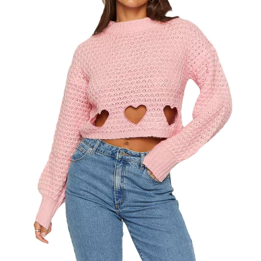 Damen Strickpullover Herz-Ausschnitte Lässig Crop-Design