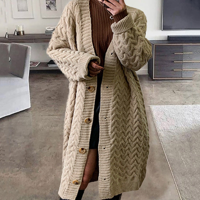 Damen Strickcardigan Voluminöser Zopfdesign Knopfverschluss Beige