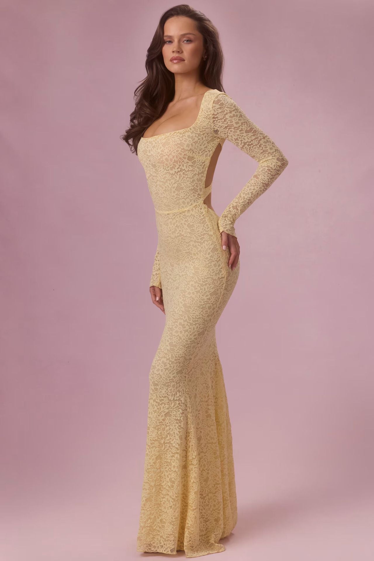 Damen Maxikleid Spitze Tailliert Langarm