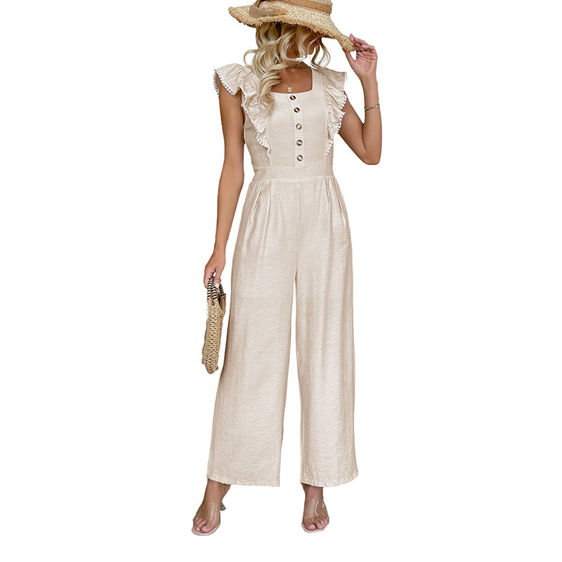 Damen Jumpsuit Röcke Sommerkleid Rüschen Details Knopfverschluss