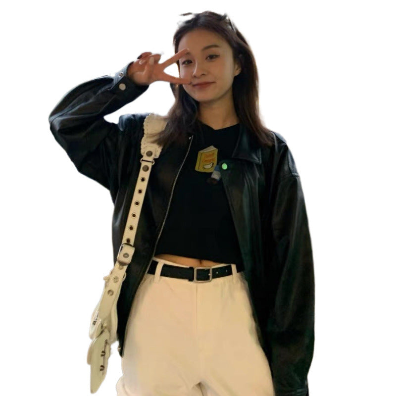 Damen Lederjacke Oversized Modische Details