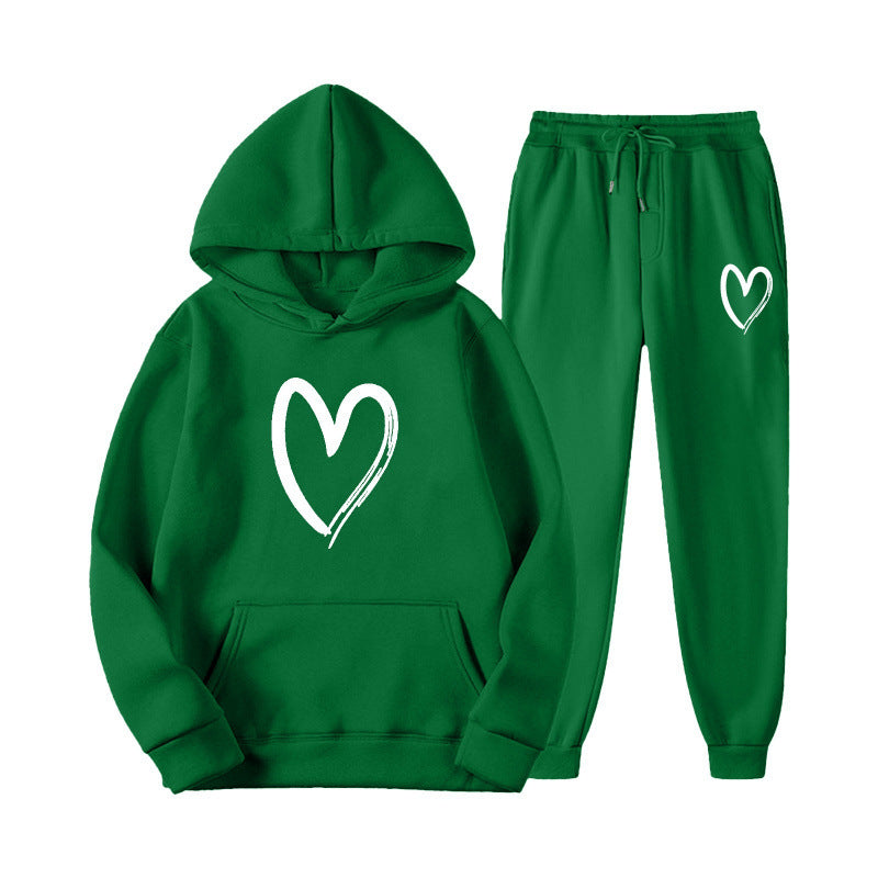 Damen Sweatanzug Kängurutasche Herzprint Grün