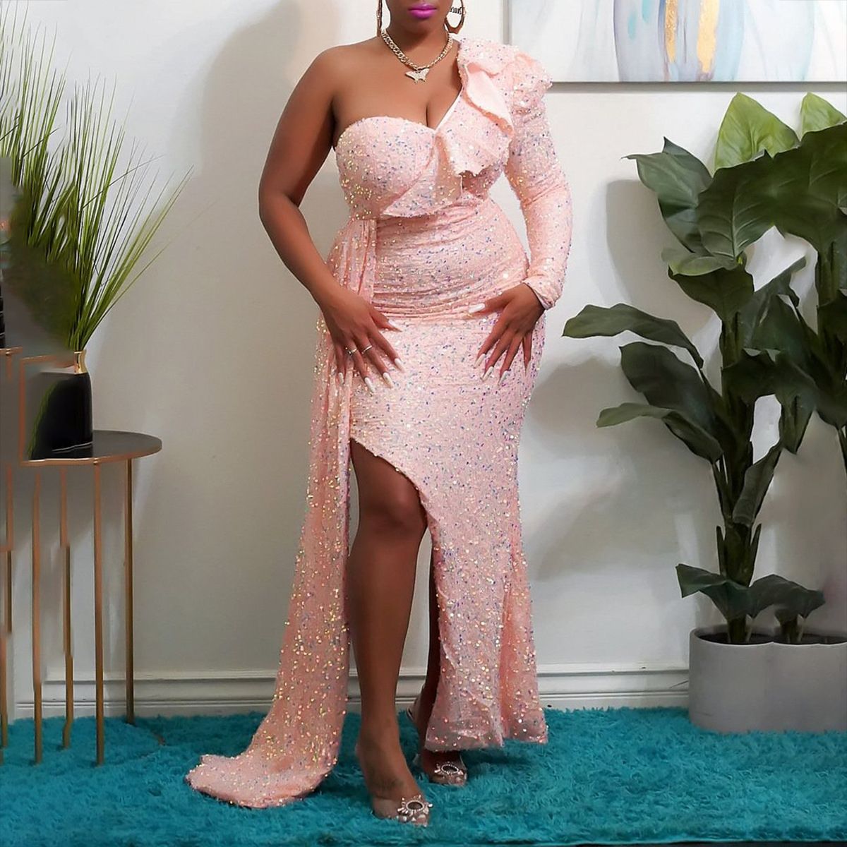 Norvielle Damen Abendkleid Asymmetrisch Fließender Rock Glanzstoff