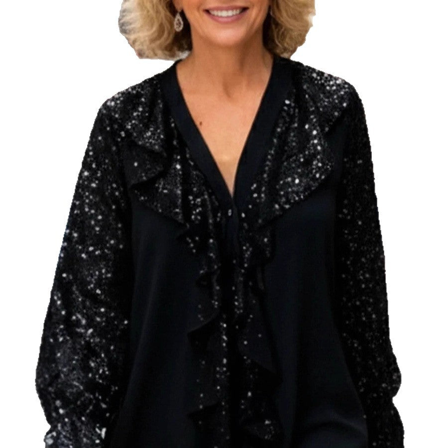 Damen Bluse Elegante Glitzer Akzente Rüschen Weiß