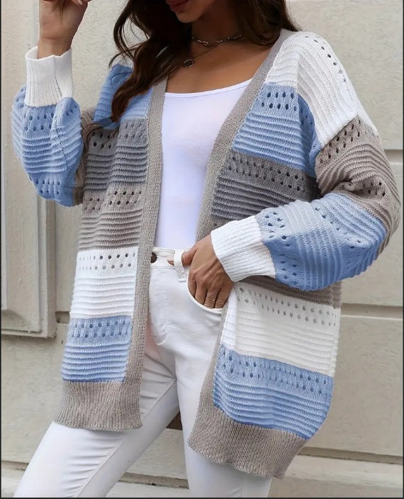 Damen Strickcardigan Groß Lochmuster Farbblock Norvielle