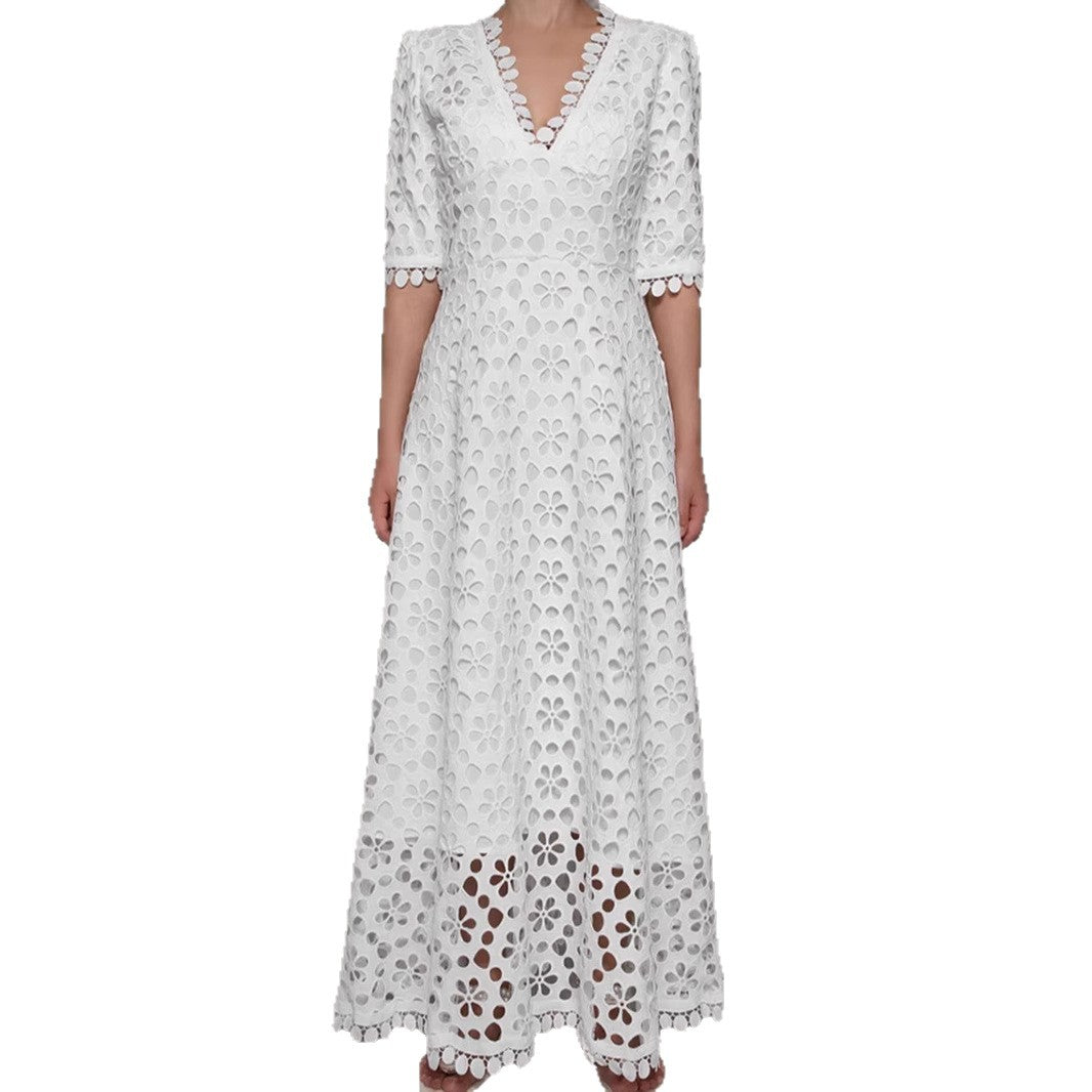 Damen Maxikleid mit Blumenmuster und Spitzenkragen Elegant